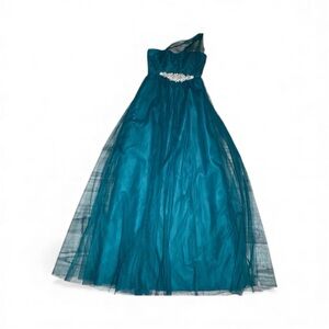 Alfred Angelo Women’s 0 Teal One Shoulder Rhinestone Tulle Gown Maxi Dress - GUC